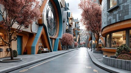 Futuristic Urban Street with Modern Architecture and Pink Blossom Spring Trees