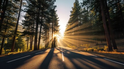Fototapeta premium Sunrays filter through the trees at sunrise on an empty road in a pine forest