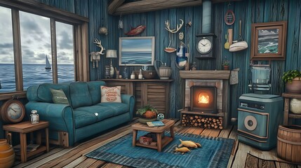 Cozy seaside cabin living room overlooking ocean