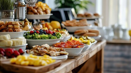 Obraz premium A vibrant buffet spread featuring fresh salads, pastries, fruits, and breakfast items in a cozy setting