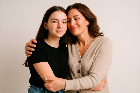 Loving mother hugging teenage daughter