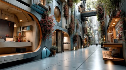 Futuristic Urban Street with Modern Architecture and Pink Blossom Spring Trees