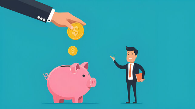 Businessman catches piggy bank. Concept of saving money. Vector illustration