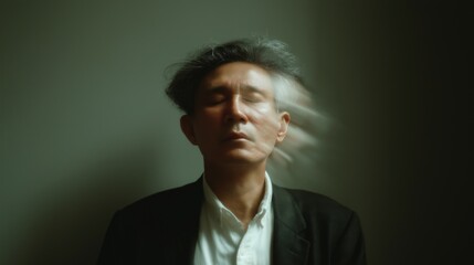 Fototapeta premium An East Asian man in a sleek black suit holds a clock face, illustrating the concept of time optimization in a vibrant, productive atmosphere
