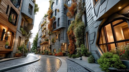 Futuristic Urban Street with Modern Architecture and Pink Blossom Spring Trees