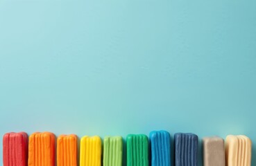 Multi-colored plasticine bricks arranged in a row against a blue background. Rainbow spectrum of colors. Educational hobby for kids. Creative activity, childhood.