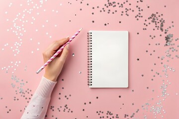Writing plan on pink background: A close-up shot of a hand holding a pen over a blank notebook on a pink surface scattered with decorative elements