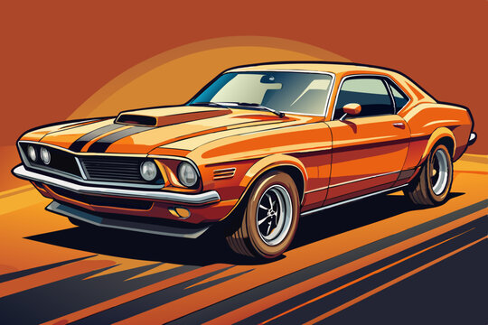Illustration of a vintage orange muscle car with black stripes on an orange background art style
