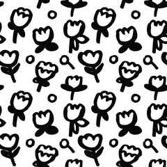 Black white flowers pattern with brush stroke minimalist. Minimalist hand drawn Floral Pattern. Hand drawn naive style. Flowers painted with brush. Modern vector pattern 