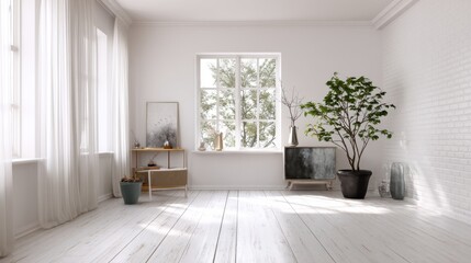 Fototapeta premium Bright, airy living room with white walls, wooden floors, and large windows.