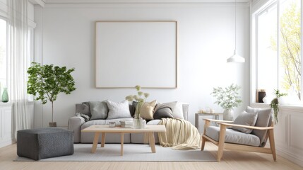 Bright living room with cozy sofa & armchair