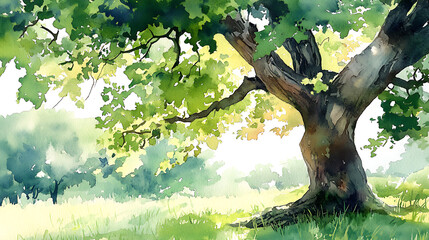 Watercolor painting of large tree in grassy field on sunny day