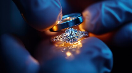 Expert hands inspect a dazzling diamond ring under magnification