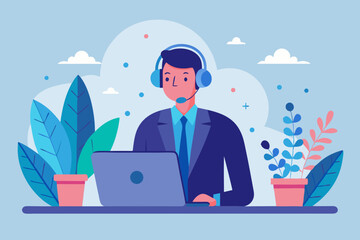 Illustration of a call center employee with headset working on laptop with plants in the background art style