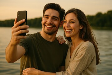 Under a warm sunset glow, a couple smiles broadly as they take a selfie by the water, capturing their happiness. The scene radiates love and contentment in an outdoor setting