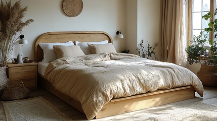 Natural light scandinavian oak bed frame high resolution photo