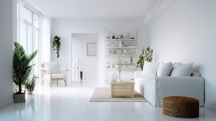 Bright, airy living room with white sofa and decor.