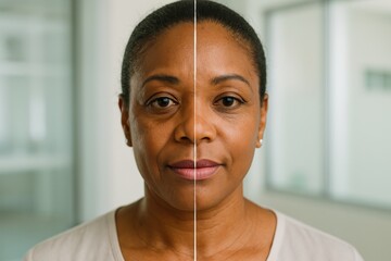 This display showcases a side-by-side view of facial rejuvenation results, emphasizing the improved skin texture and youthful appearance after cosmetic procedures like facelift and fillers
