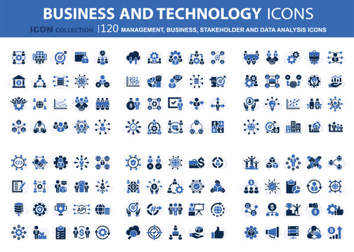 Business, data analysis, organization management, stakeholder and technology set. Teamwork, strategy, planning, marketing, cloud technology, data analysis, employee icon set. Icons vector collection