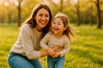 Naklejka premium Mother and daughter laughing in the park