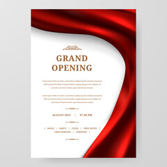 Fototapeta premium Grand Opening poster celebration with red fabric satin silk ribbon drapery element decoration for luxury elegant vip royal poster