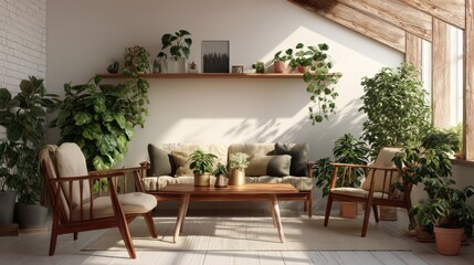 Sunlit living room with plants and mid-century modern furniture.