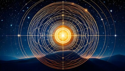 Abstract cosmic sunrise with glowing golden circular patterns over mountain horizon