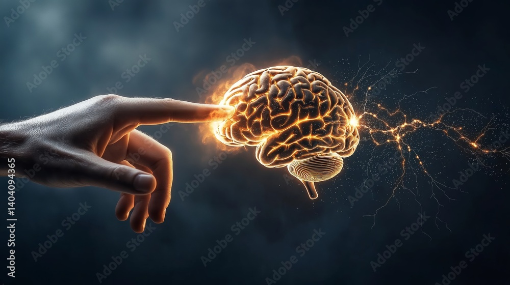 Leinwandbilder fingertip touching glowing brain with electric neural energy, symbolizing spark of intelligence and 