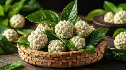 Fototapeta premium Fresh, delicate, white fruits in a shallow basket, surrounded by vibrant green leaves