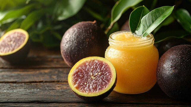 Fresh fruit jam in a jar with whole and sliced fruits
