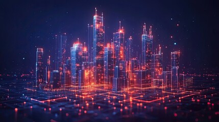 Obraz premium Low-Poly Wireframe Smart City and Wi-Fi Automation Concept on Dark Blue 