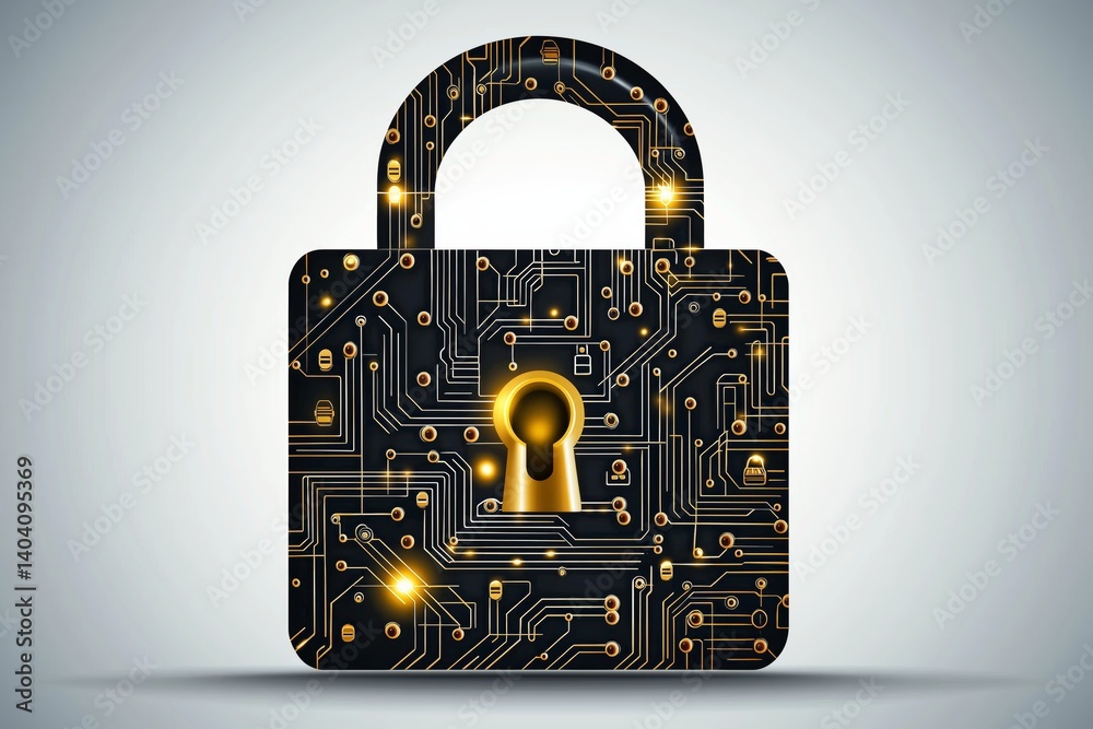 Leinwandbilder Black and gold padlock with glowing circuit design, visualizing encrypted technology and digital security in a futuristic concept, Generative AI

