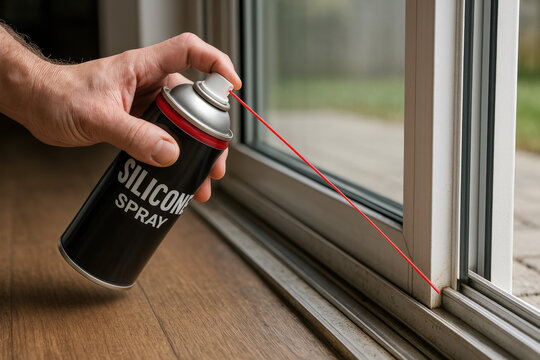 Applying Silicone Spray to Sliding Door Track for Maintenance

