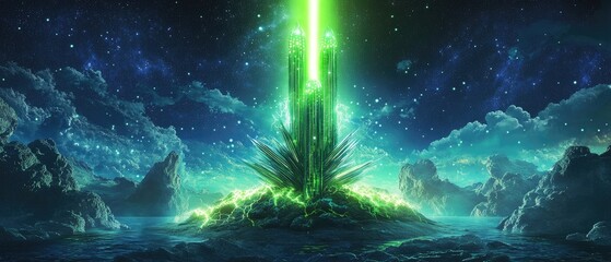 Obraz premium A luminous green crystal spire rises from a rocky, ethereal landscape under a night sky filled with stars.