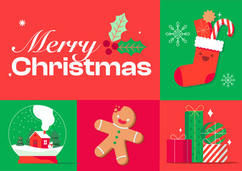 Modern  stylish minimalistic flat vector illustration of  Marry Christmas  with sock, gifts, snow globe, gingerbread man  and mistletoe for  postcard or gift wrapper 