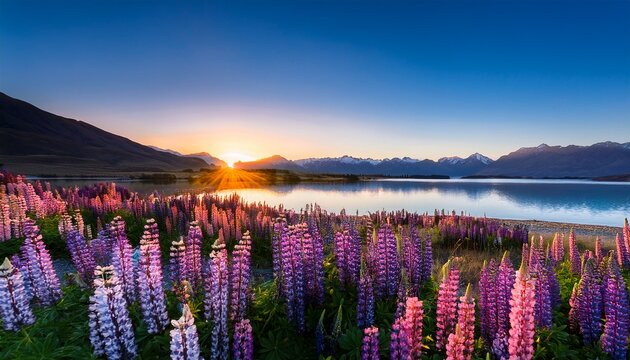 Spring lupines at sunrise Lake Tekapo New Zealand