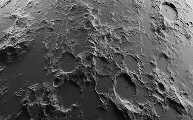 Obraz premium Highly detailed, hyperrealistic texture of the moon's surface in gray tones, showcasing craters and rugged terrain in high resolution. Perfect for space and astronomy themes.