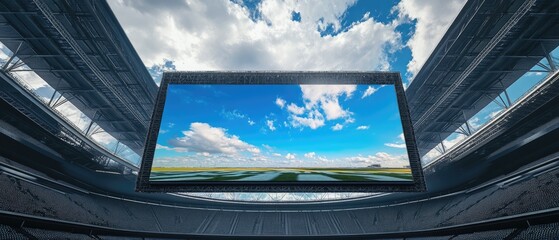 Large video screen in a stadium showing a field of grass and a bright blue sky.