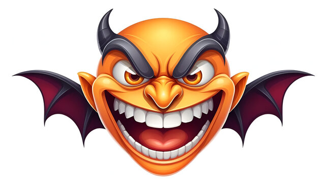 Cartoon vampire face, smiling vector emoji. Demon with sharp fangs gloat smile emotion. Malefactor with angry eyes and laughing toothy mouth. Halloween or hell character isolated on white background