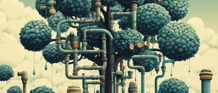A surreal tree with blue orbs for leaves connected by a network of pipes that drip a blue liquid.