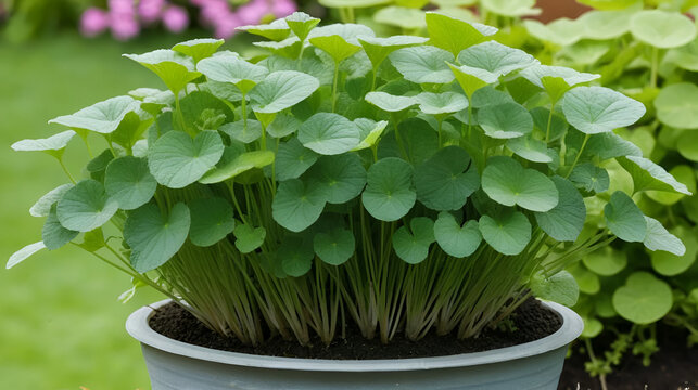 Hydrocotyle vulgaris in pot in garden