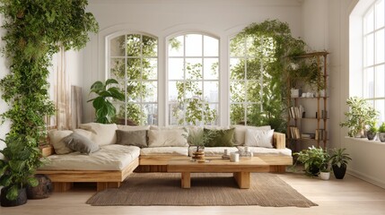 Modern living room with plants and natural light.