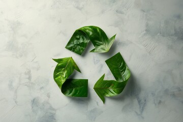 Leaf-shaped recycling symbol on light background expressing ecological awareness, renewable responsibility and nature-inspired sustainability, Generative AI