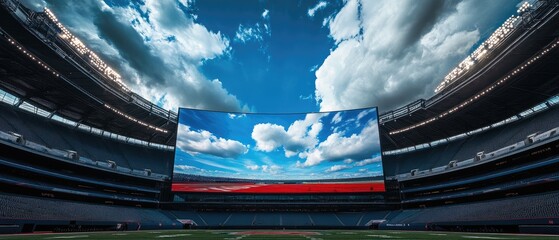 A large screen in an empty stadium displays a blue sky with clouds.