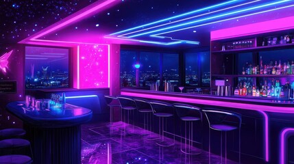 Neon-lit bar interior with futuristic design, city skyline view at night, vibrant atmosphere