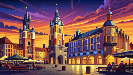 Fototapeta premium Evening view of the Main Square in Krakow, Poland, featuring the Cloth Hall and St. Mary's Basilica