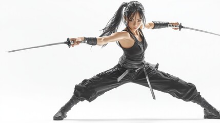 Female warrior in action pose wielding two swords.