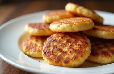 Stack of golden potato pancakes on white plate. Fried fritters, traditional dish. Homemade vegetarian meal, tasty breakfast snack with crispy crust. Appetizing fried food, culinary concept.