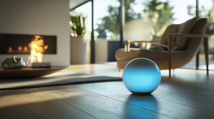 Fototapeta premium Softly glowing smart device on table in cozy evening living room creating a peaceful modern atmosphere for elderly relaxation, Generative AI