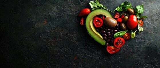 Healthy heart-shaped arrangement of fresh avocado, tomatoes, beans and greens on a black background.